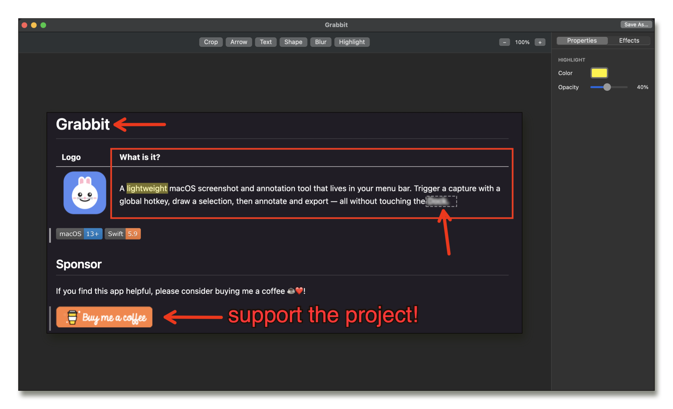 Grabbit editor showing annotation tools